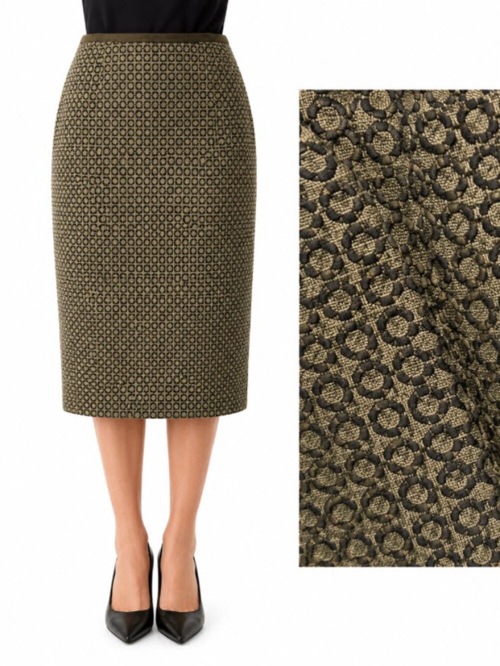 Jones New York 100% Wool Olive Geometric Midi Pencil Skirt Size 8
